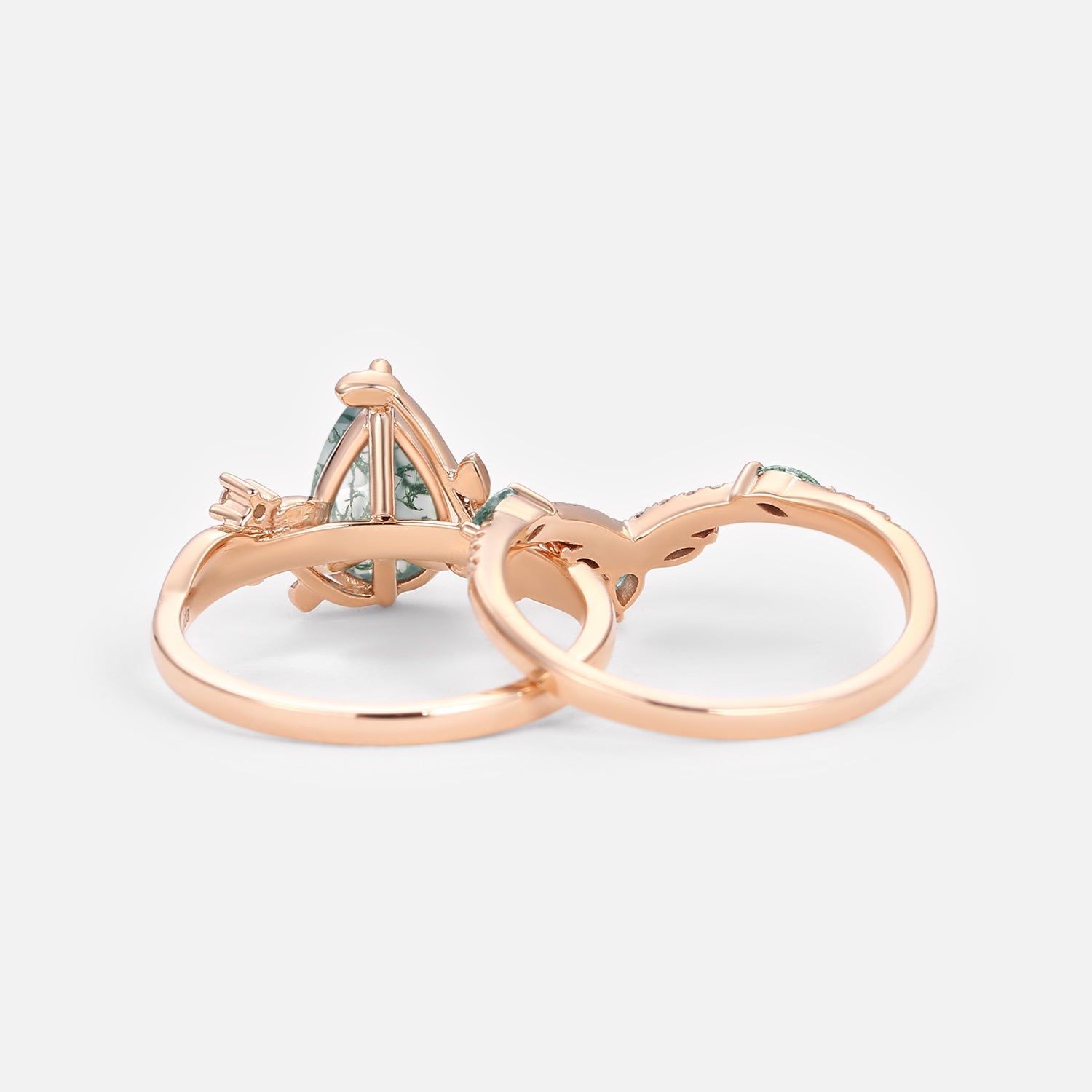 Twigs Pear Cut Moss Agate Vine Engagement Ring Set 2pcs