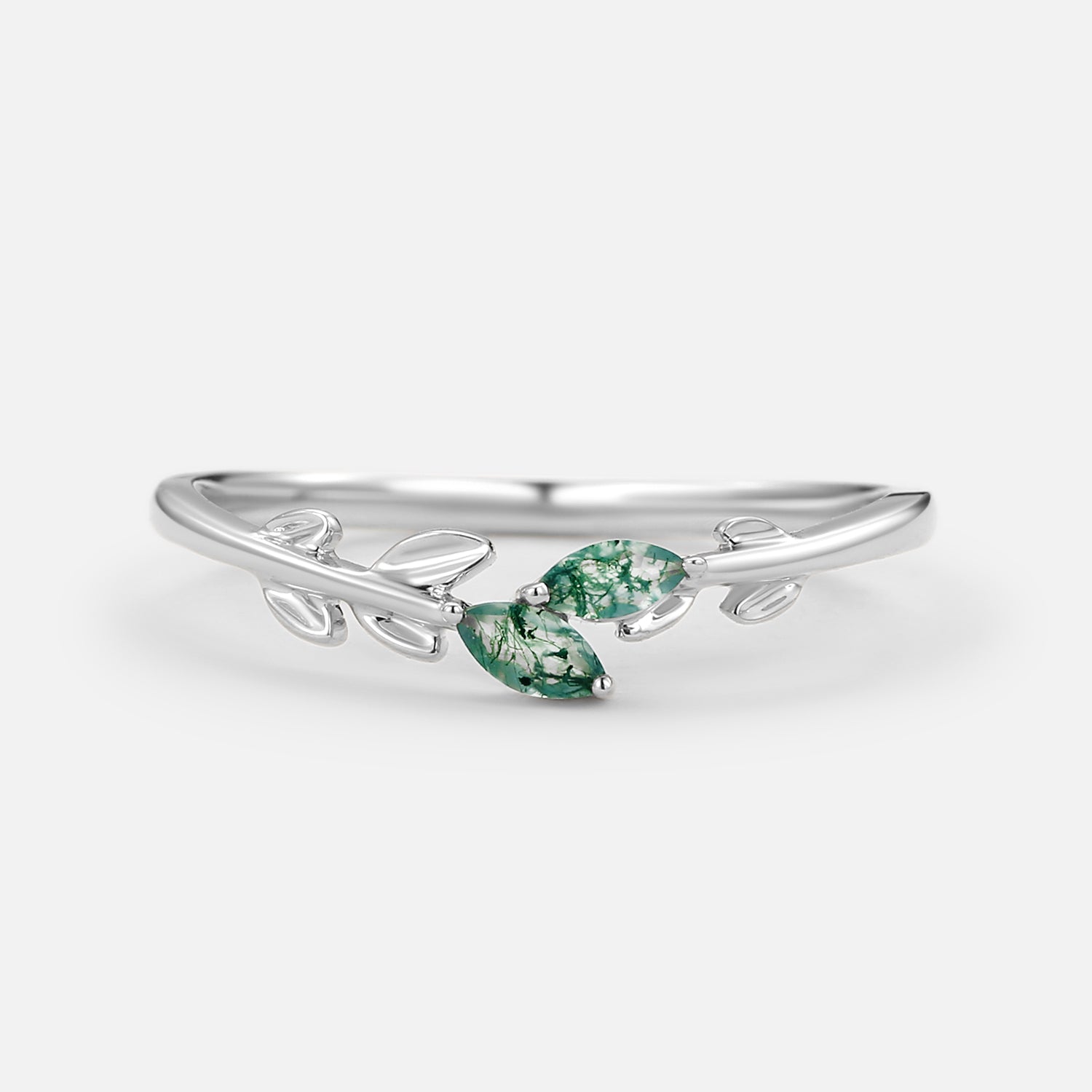 Moss Agate Marquise Cut Leafy Wedding Band Gold Ring