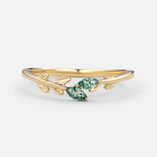 Moss Agate Marquise Cut Leafy Wedding Band Gold Ring
