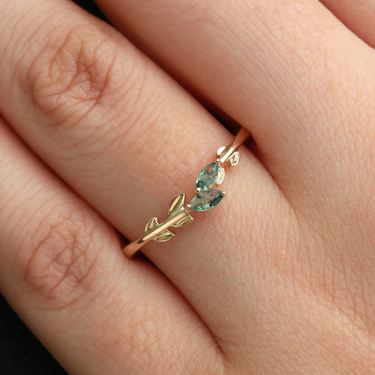 Moss Agate Marquise Cut Leafy Wedding Band Gold Ring