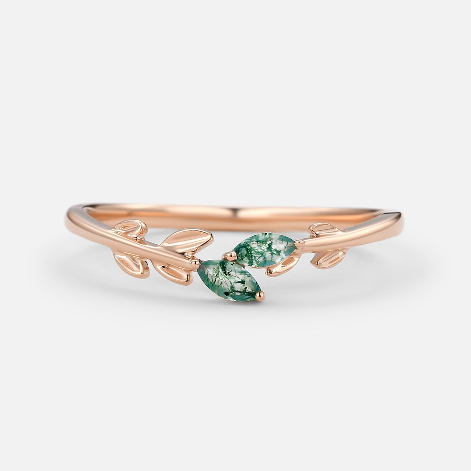 Moss Agate Marquise Cut Leafy Wedding Band Gold Ring