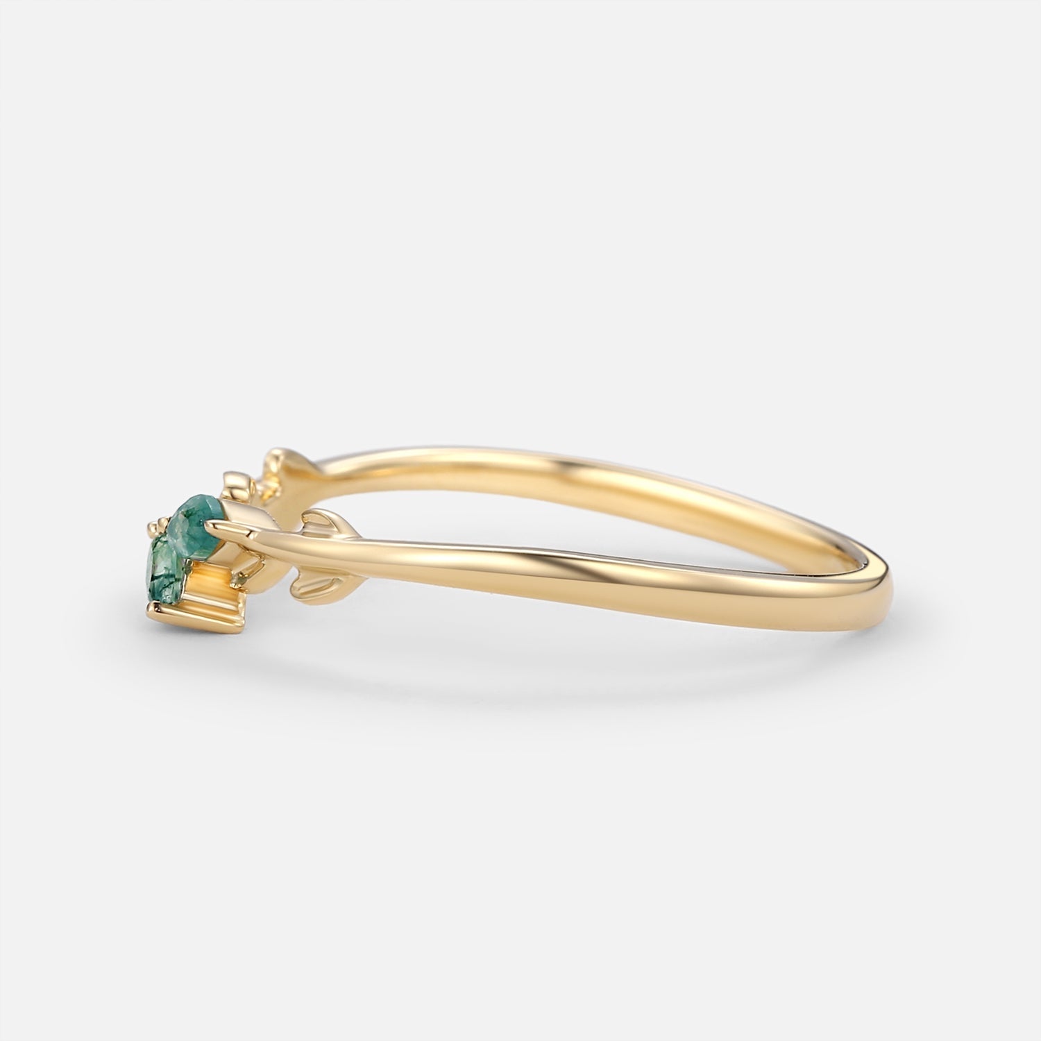 Moss Agate Marquise Cut Leafy Wedding Band Gold Ring