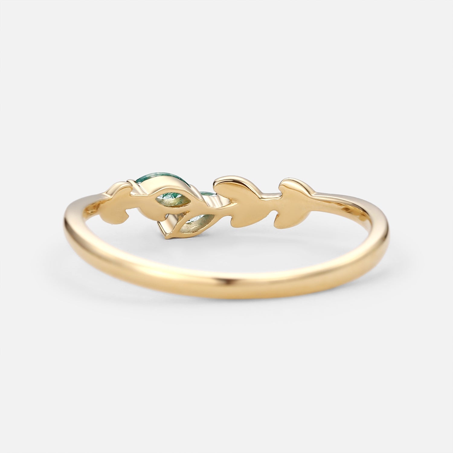 Moss Agate Marquise Cut Leafy Wedding Band Gold Ring