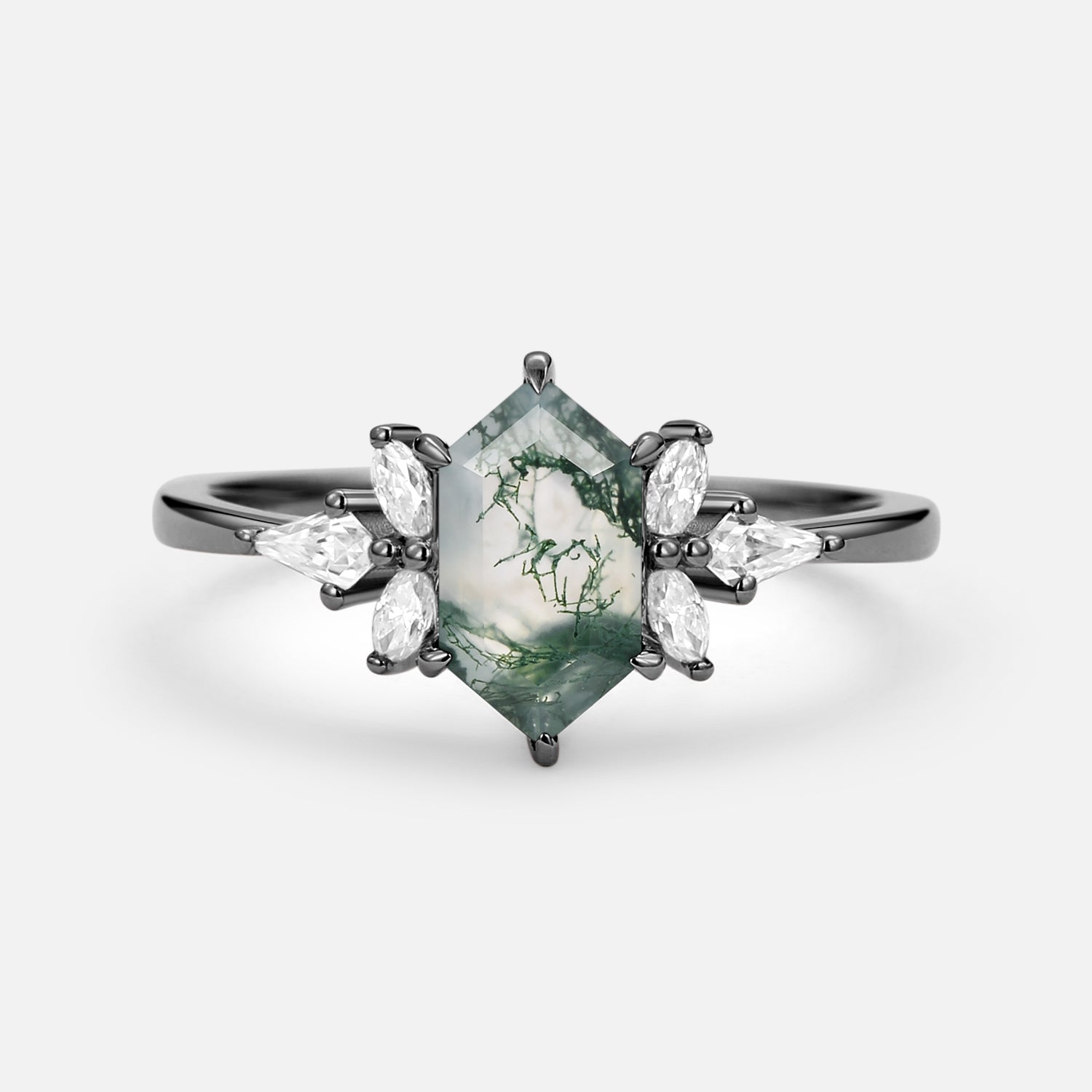 Hexagon & Kite Moss Agate Cluster Engagement Ring