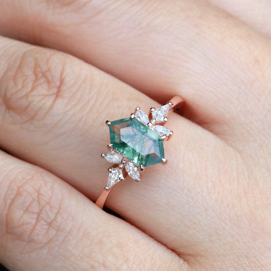 Hexagon & Kite Moss Agate Cluster Engagement Ring