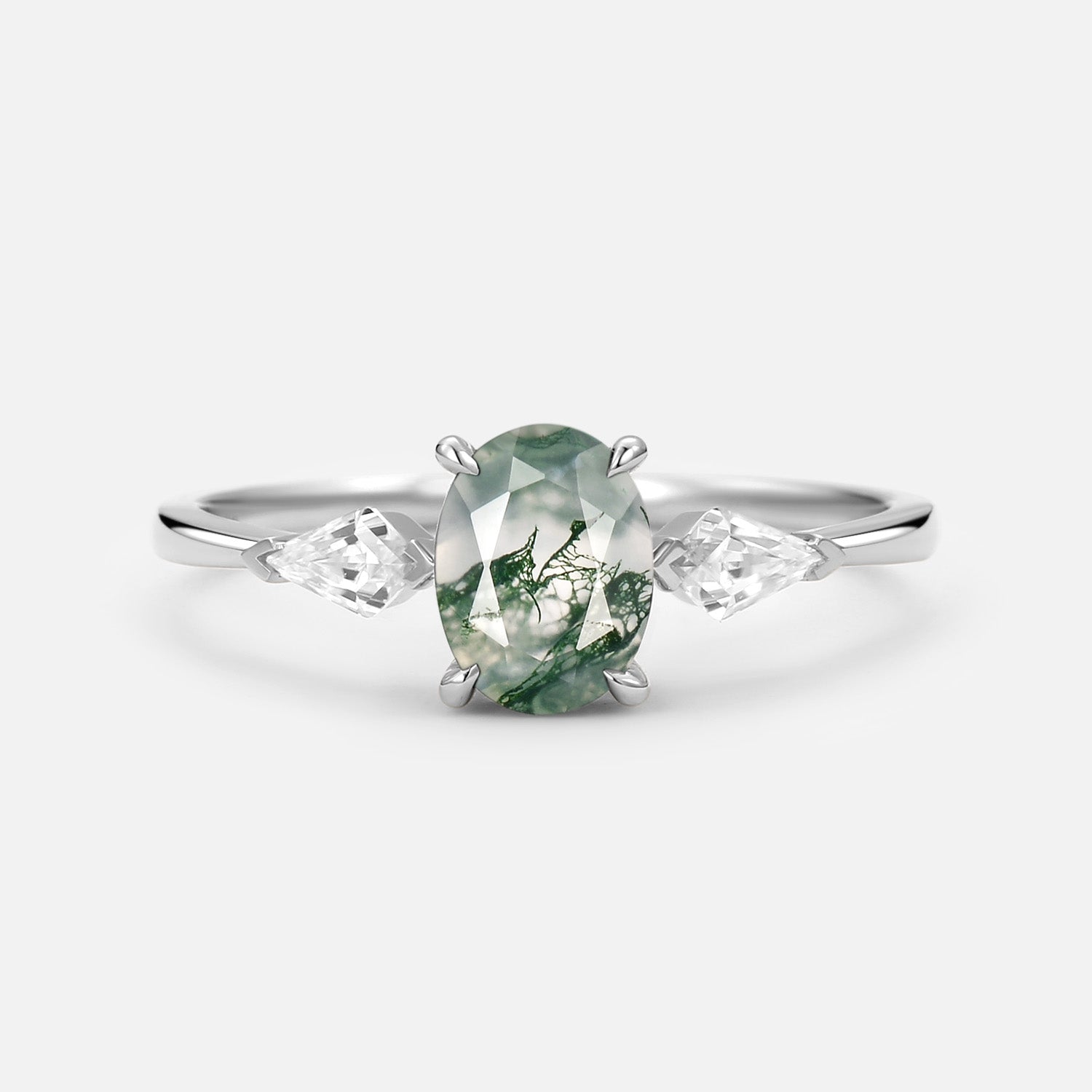 1.5ct Oval Moss Agate Three Stones Engagement Ring