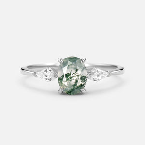 1.5ct Oval Moss Agate Three Stones Engagement Ring