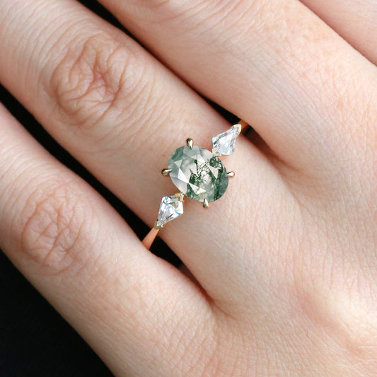 1.5ct Oval Moss Agate Three Stones Engagement Ring