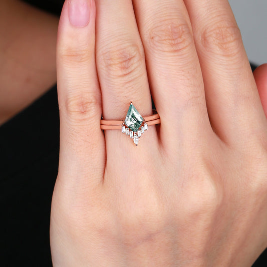 Black Gold Moss Agate Baguette Engagement Ring Set 2pcs