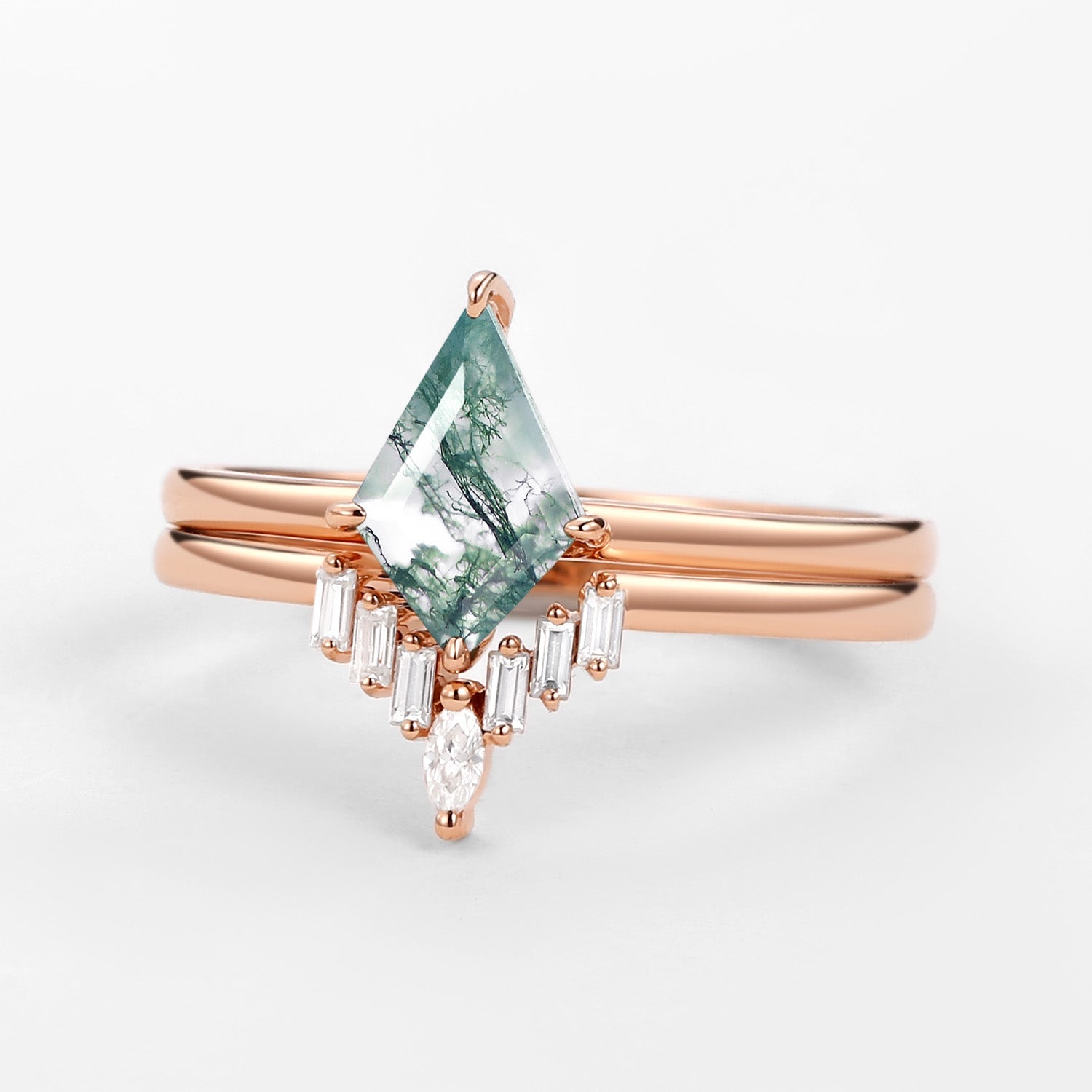 Moss Agate Baguette Moissanite Engagement Ring Set 2pcs