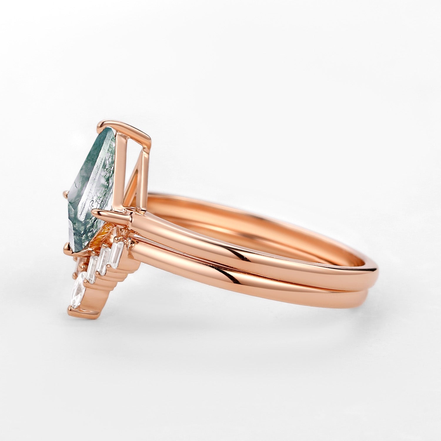 Moss Agate Baguette Moissanite Engagement Ring Set 2pcs