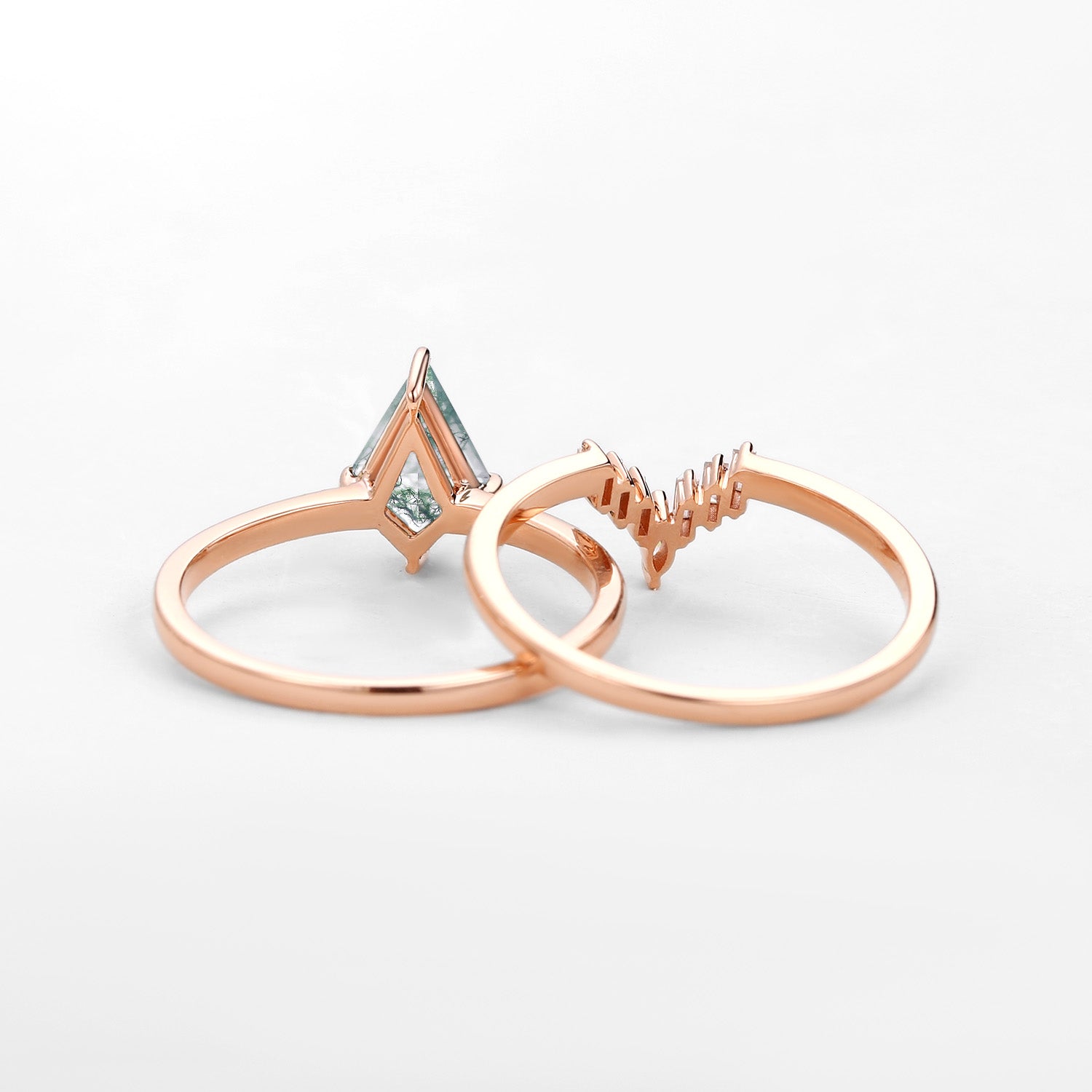 Moss Agate Baguette Moissanite Engagement Ring Set 2pcs