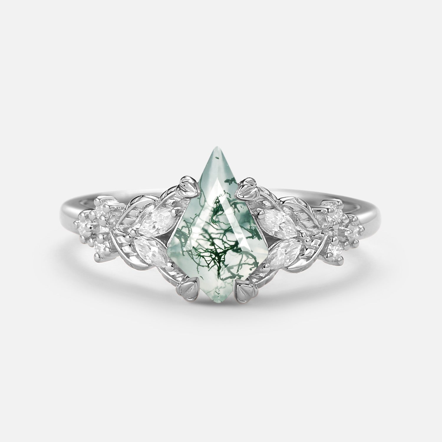 Kite Cut Moss Agate Vine Leafy Gold Engagement Ring