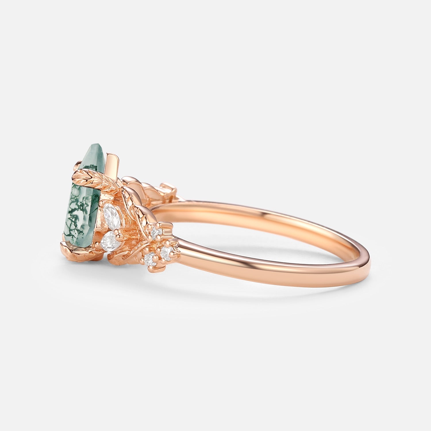 Kite Cut Moss Agate Vine Leafy Gold Engagement Ring