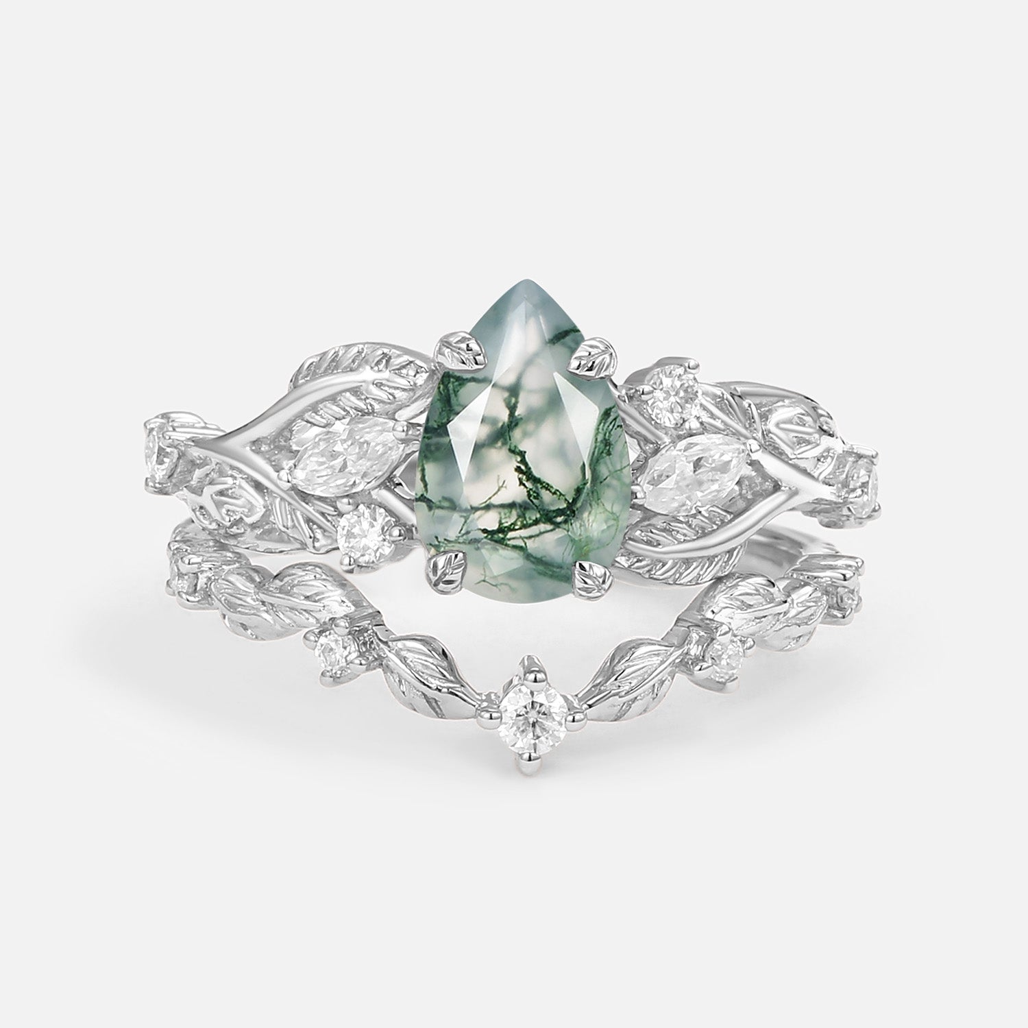 Vintage Leafy Pear Cut Moss Agate Engagement Ring Sets 2pcs