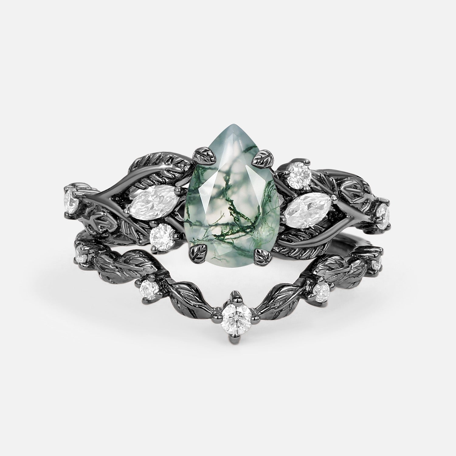 Vintage Leafy Pear Cut Moss Agate Engagement Ring Sets 2pcs