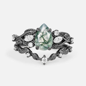 Vintage Leafy Pear Cut Moss Agate Engagement Ring Sets 2pcs