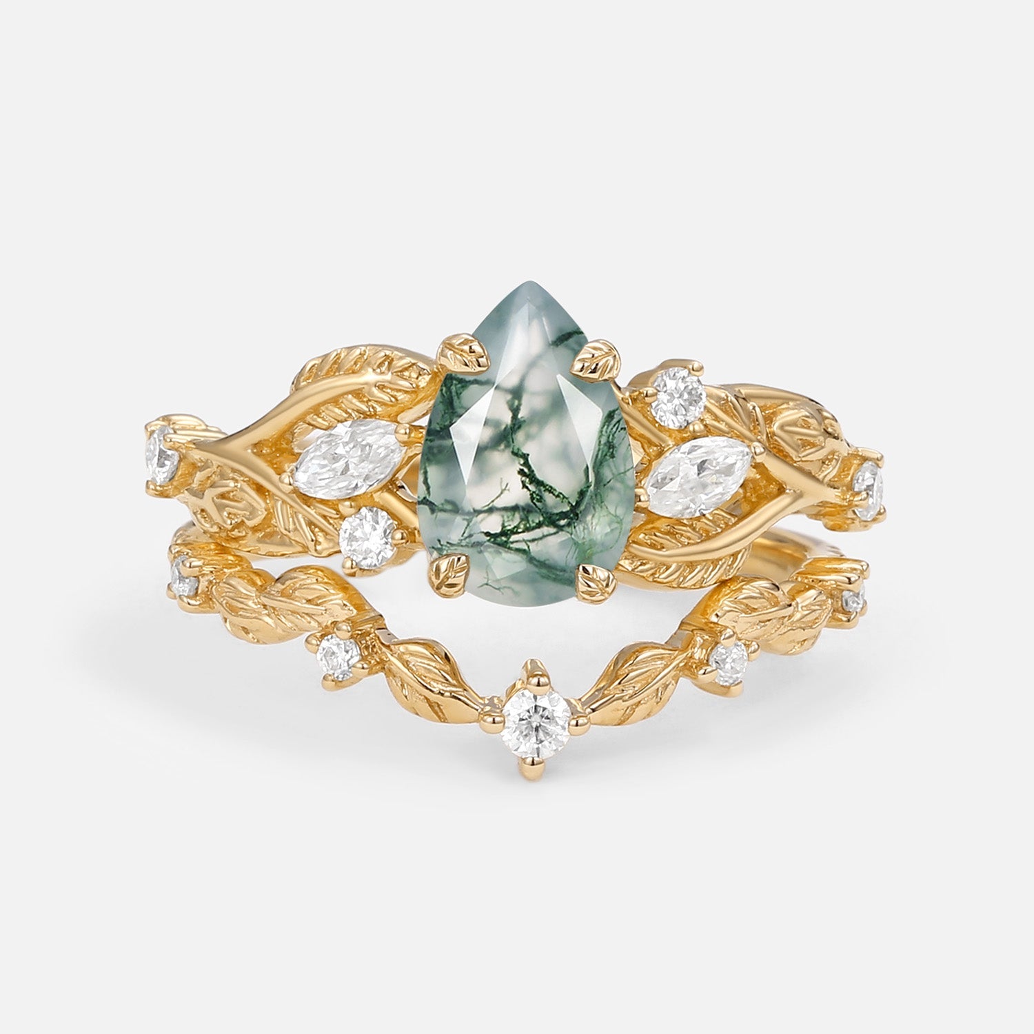 Vintage Leafy Pear Cut Moss Agate Engagement Ring Sets 2pcs