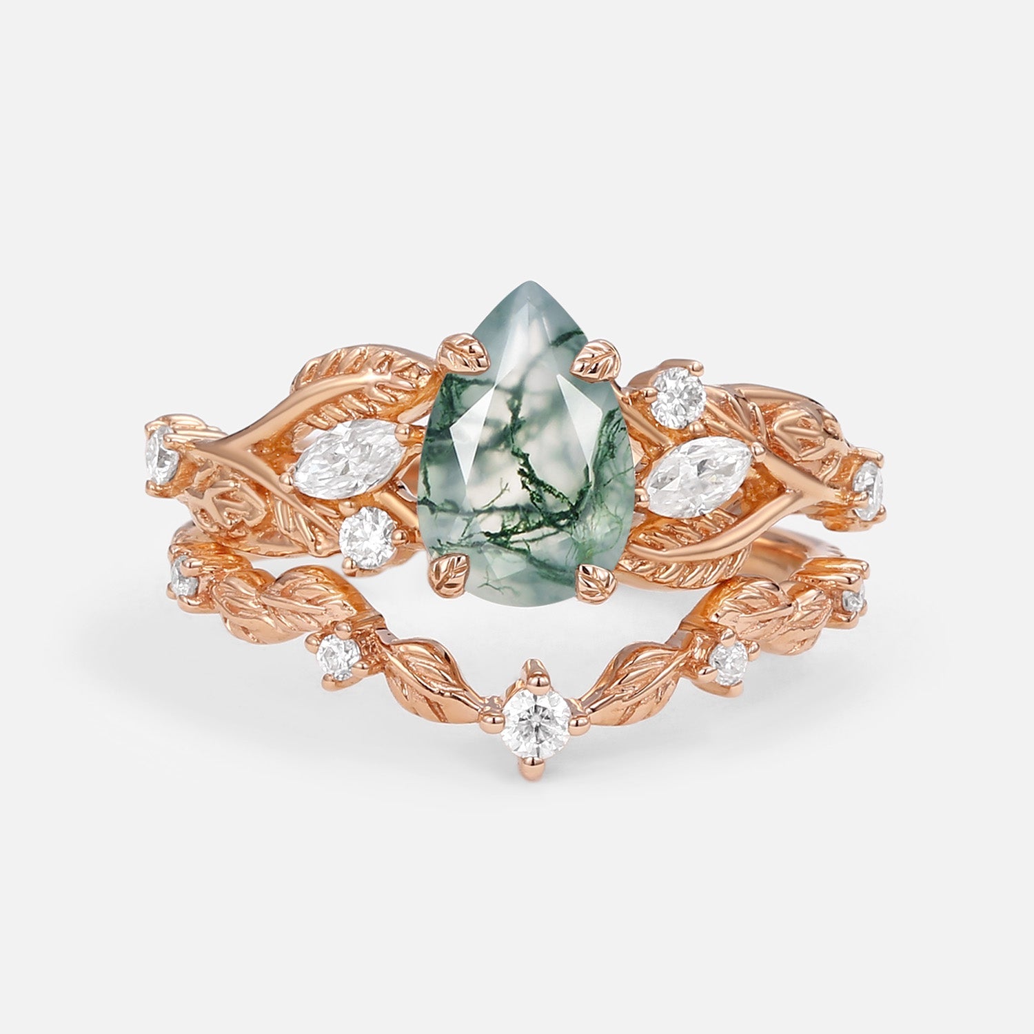Vintage Leafy Pear Cut Moss Agate Engagement Ring Sets 2pcs