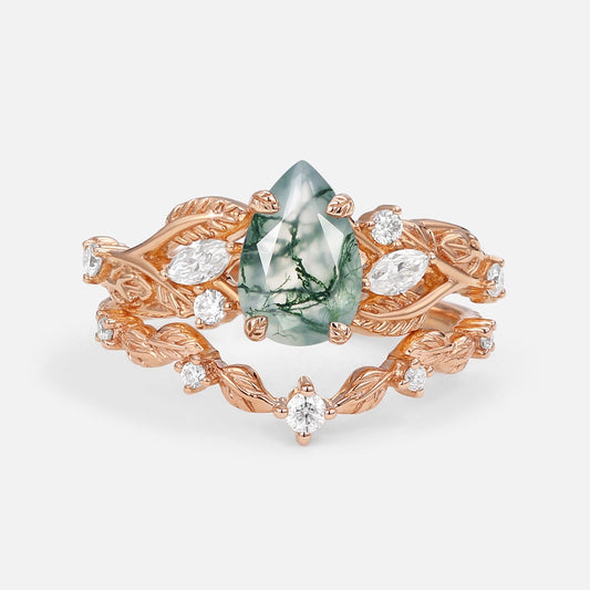 Vintage Leafy Pear Cut Moss Agate Engagement Ring Sets 2pcs