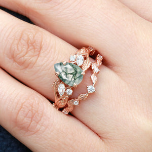 Vintage Leafy Pear Cut Moss Agate Engagement Ring Sets 2pcs
