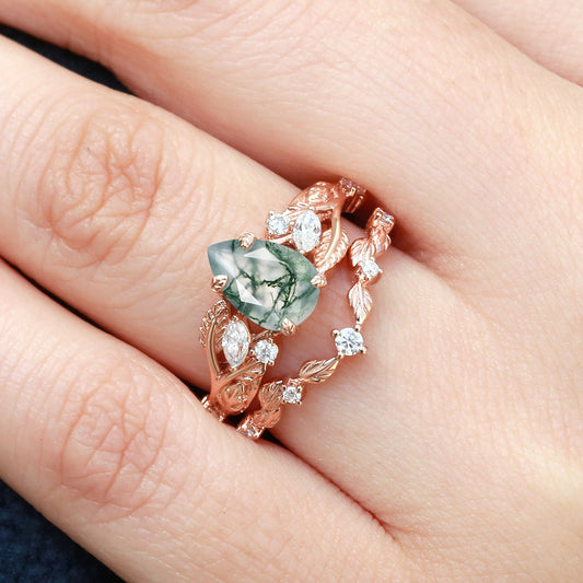 Vintage Leafy Pear Cut Moss Agate Engagement Ring Sets 2pcs