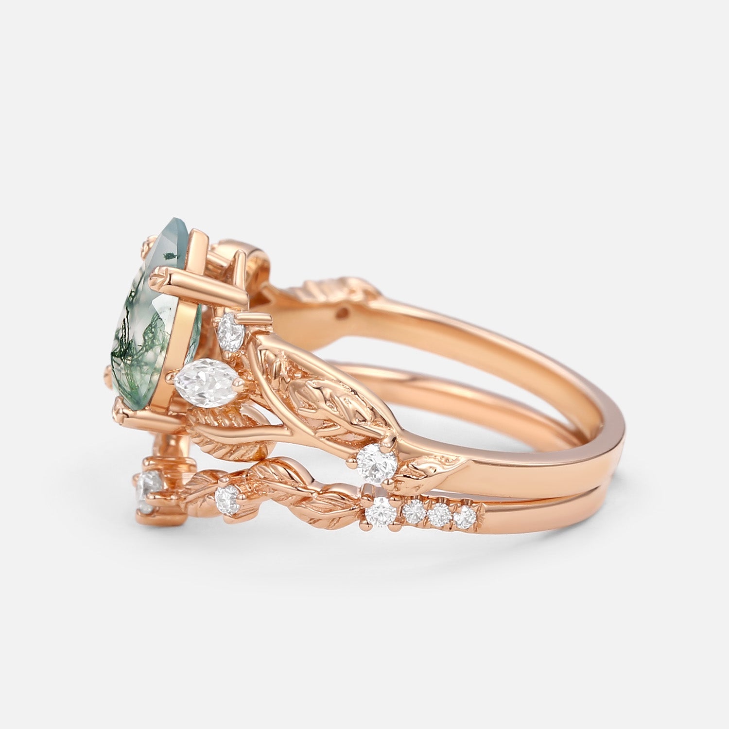 Vintage Leafy Pear Cut Moss Agate Engagement Ring Sets 2pcs