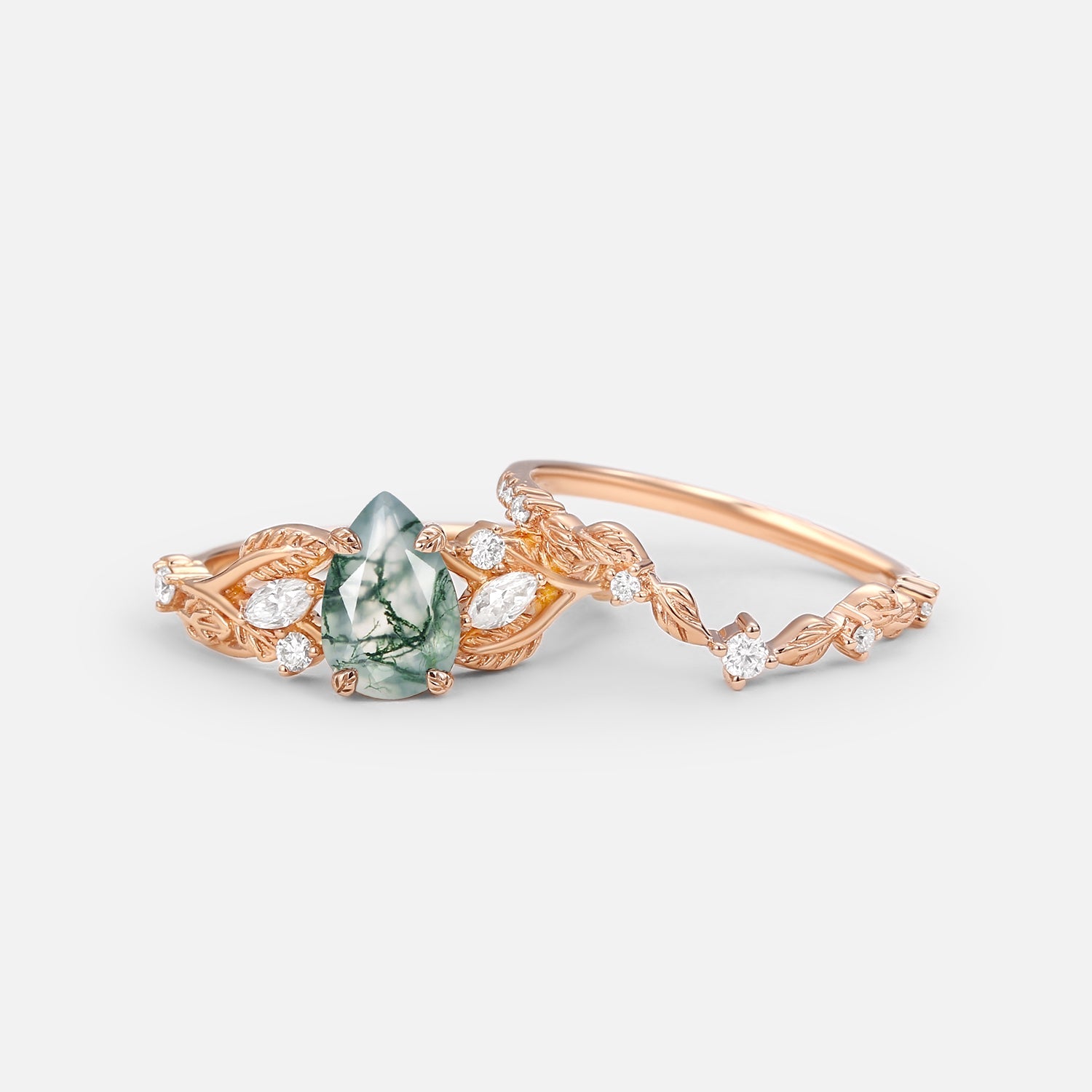 Vintage Leafy Pear Cut Moss Agate Engagement Ring Sets 2pcs