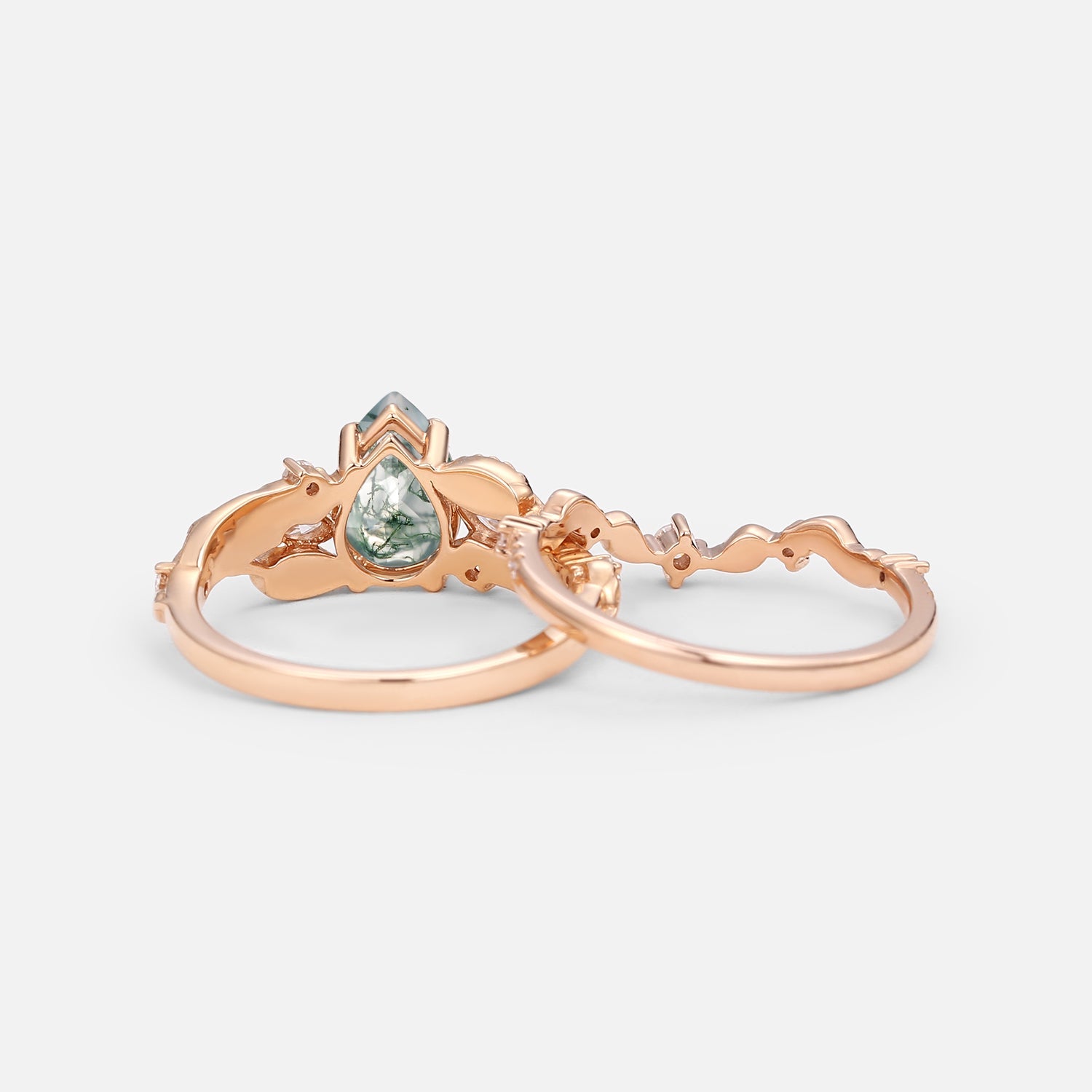 Vintage Leafy Pear Cut Moss Agate Engagement Ring Sets 2pcs