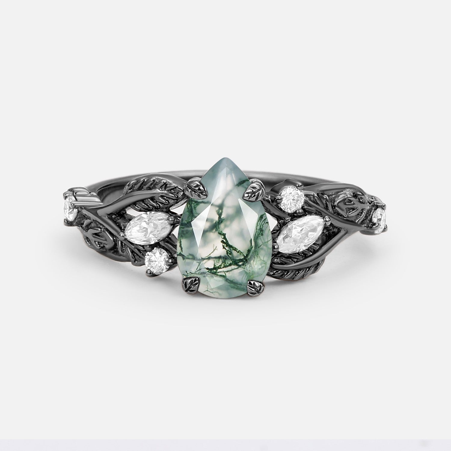 Pear Shaped Moss Agate Leafy Wedding Engagement Ring