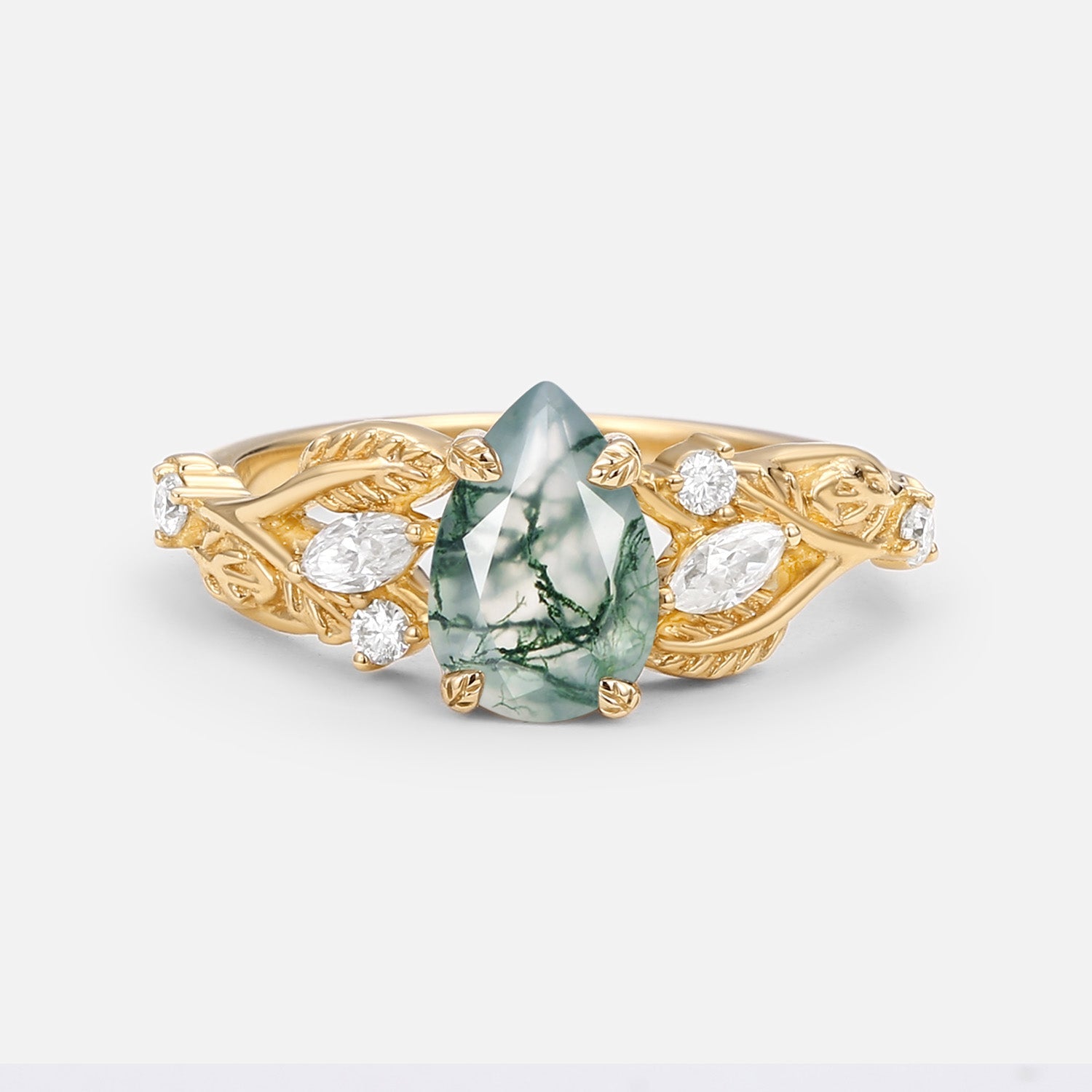 Pear Shaped Moss Agate Leafy Wedding Engagement Ring