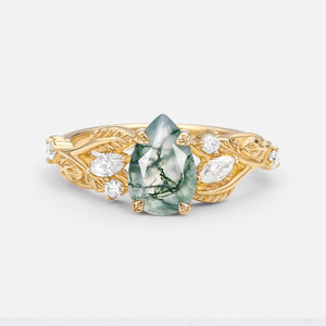 Pear Shaped Moss Agate Leafy Wedding Engagement Ring