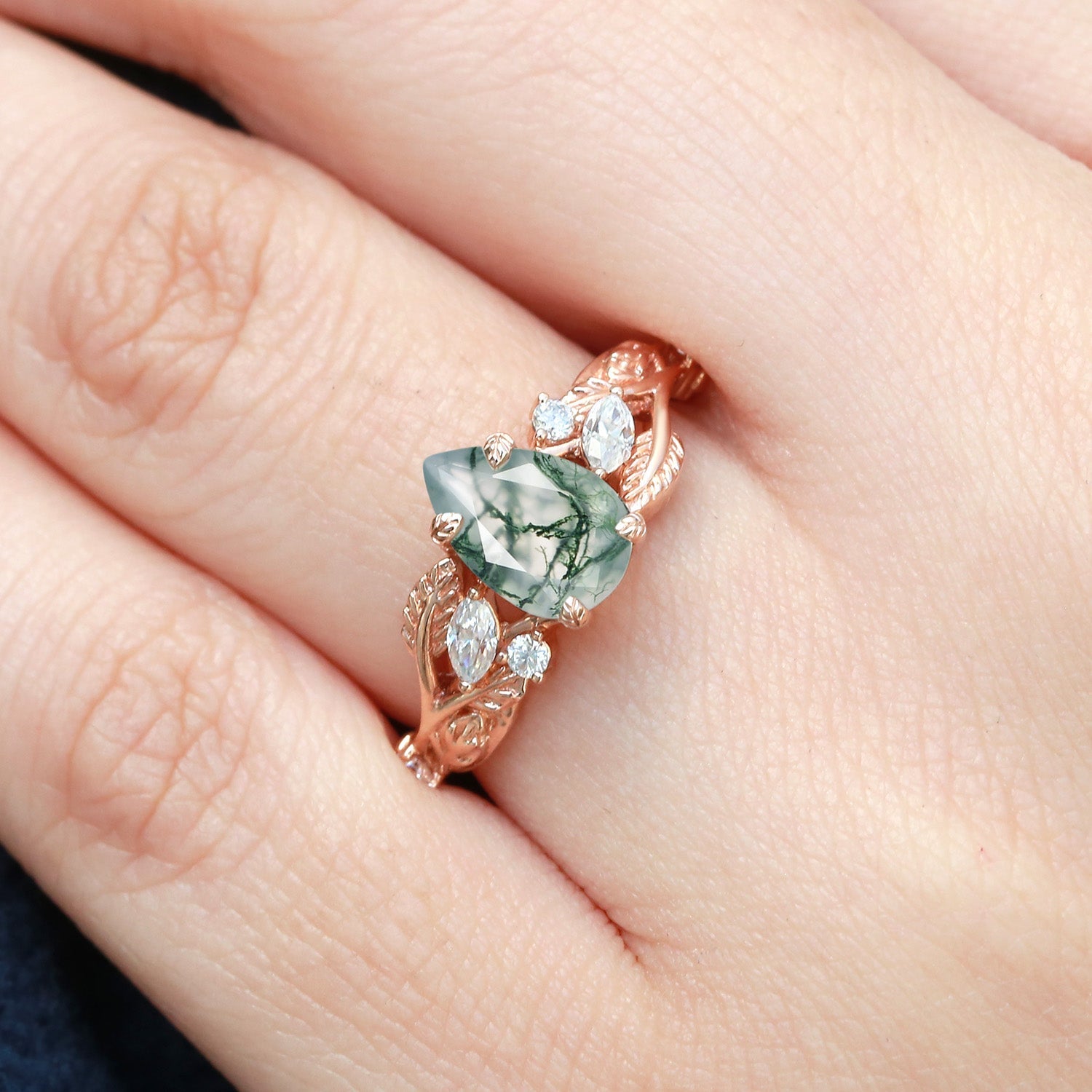Pear Shaped Moss Agate Leafy Wedding Engagement Ring