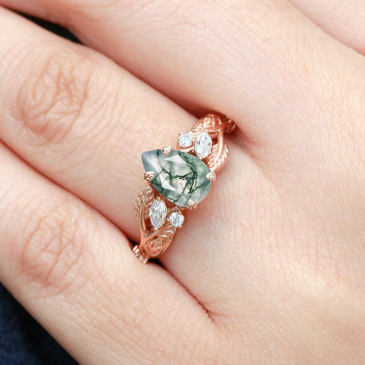 Pear Shaped Moss Agate Leafy Wedding Engagement Ring