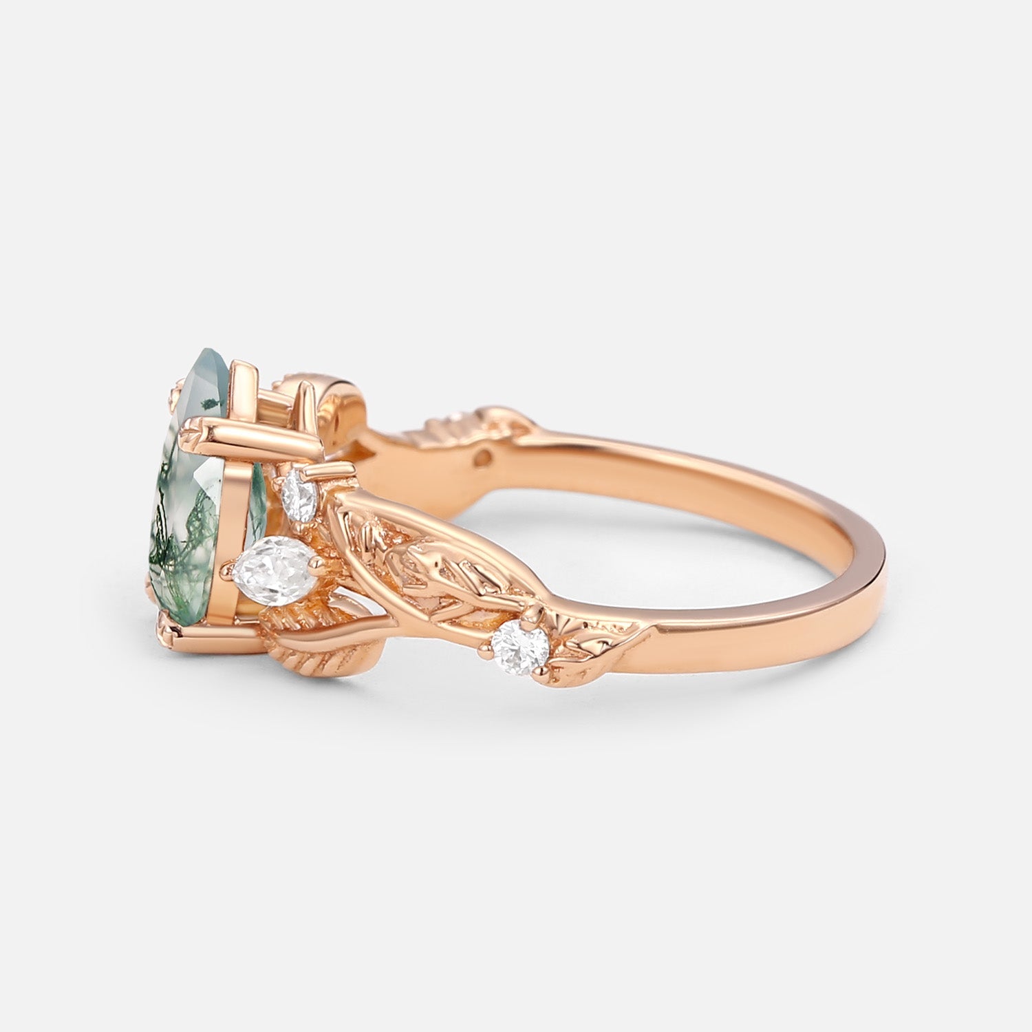 Pear Shaped Moss Agate Leafy Wedding Engagement Ring