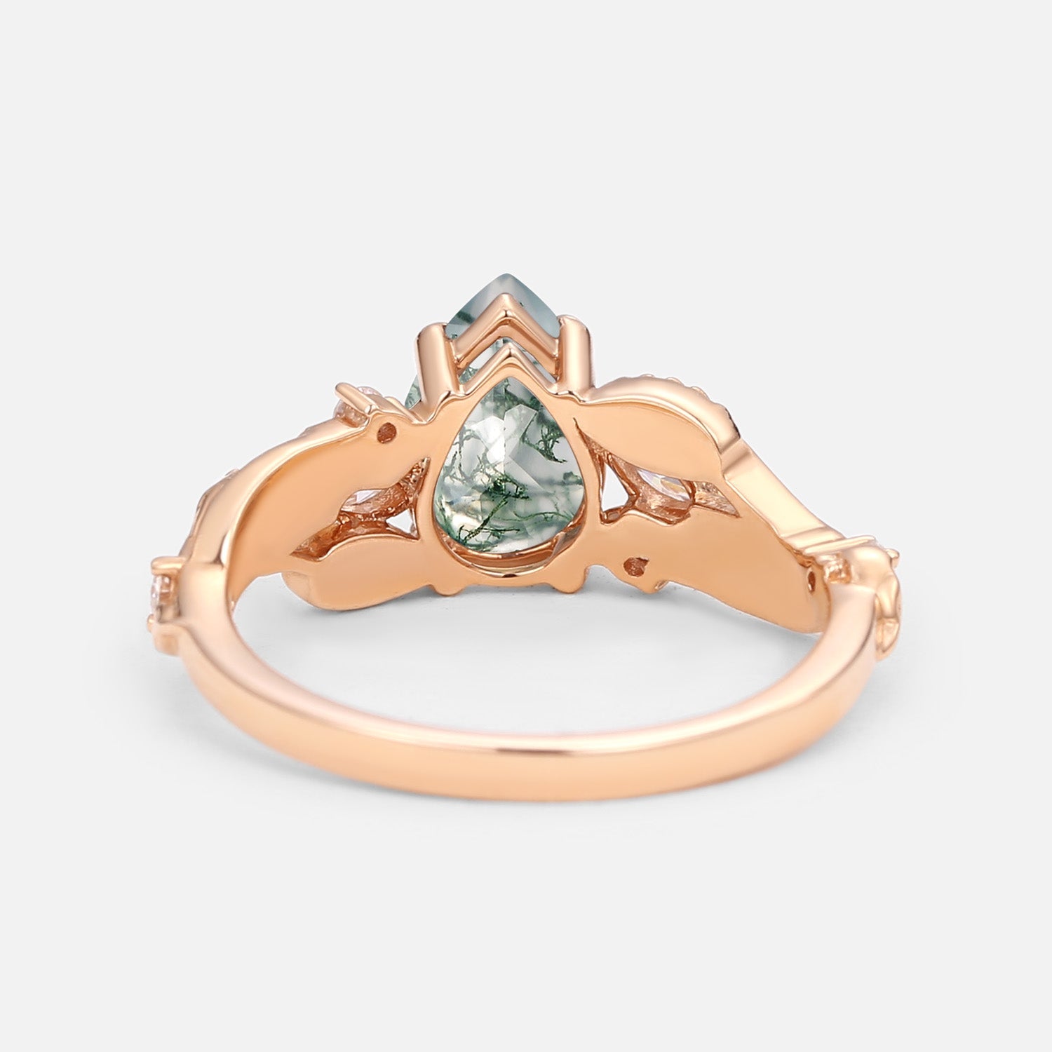 Pear Shaped Moss Agate Leafy Wedding Engagement Ring