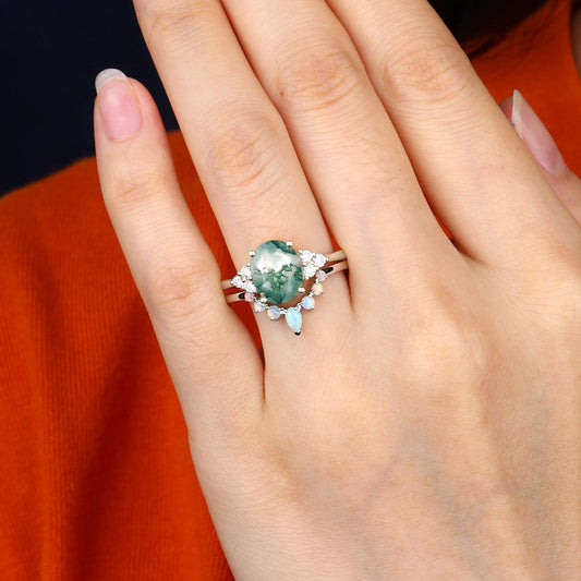 3.5CT Oval Cut Moss Agate & Natural Opal Cluster Gold Ring Set 2pcs - Aurora