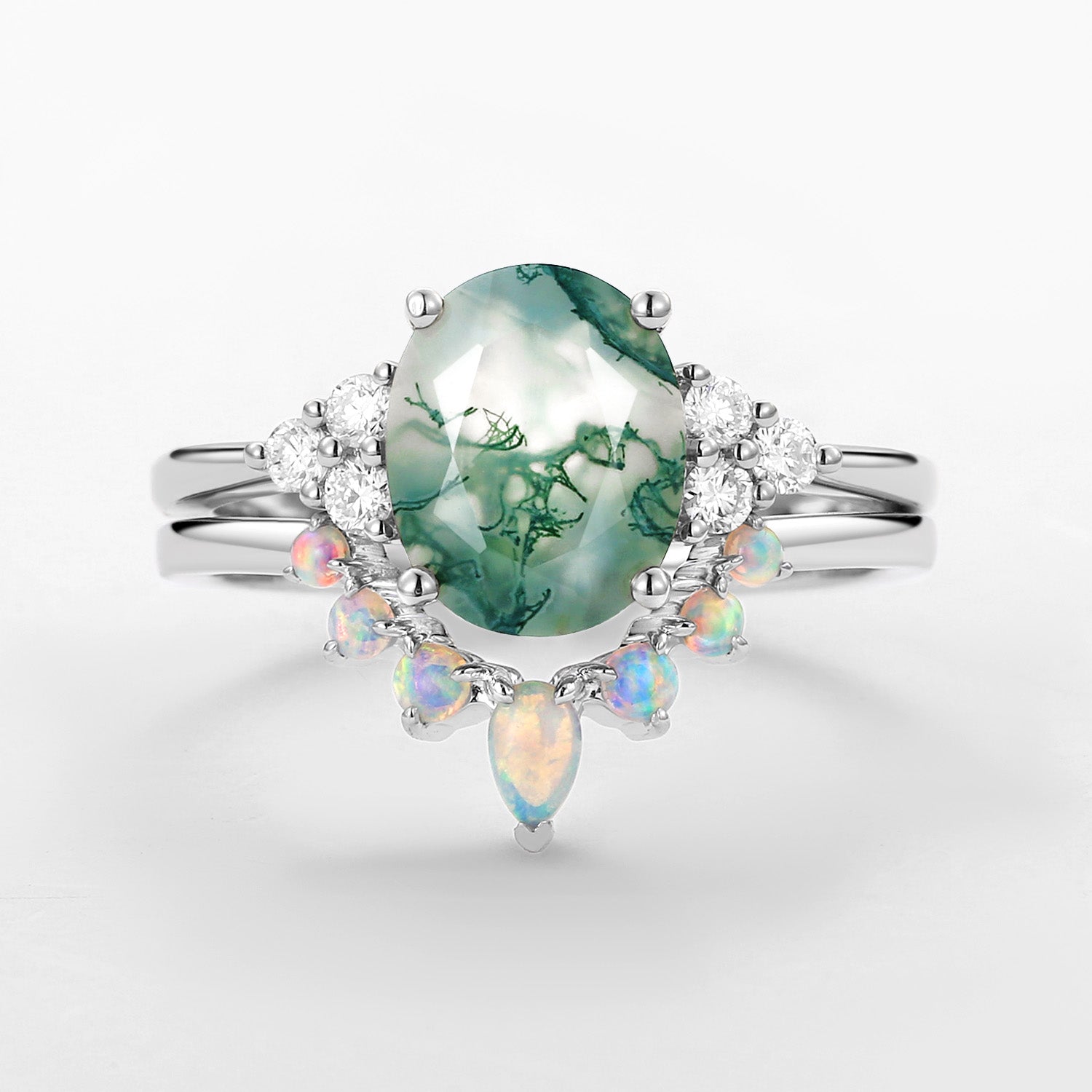 3.5CT Oval Cut Moss Agate & Natural Opal Cluster Gold Ring Set 2pcs - Aurora