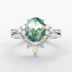 3.5CT Oval Cut Moss Agate & Natural Opal Cluster Gold Ring Set 2pcs - Aurora