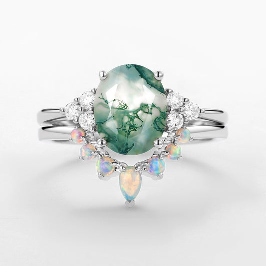 3.5CT Oval Cut Moss Agate & Natural Opal Cluster Gold Ring Set 2pcs - Aurora