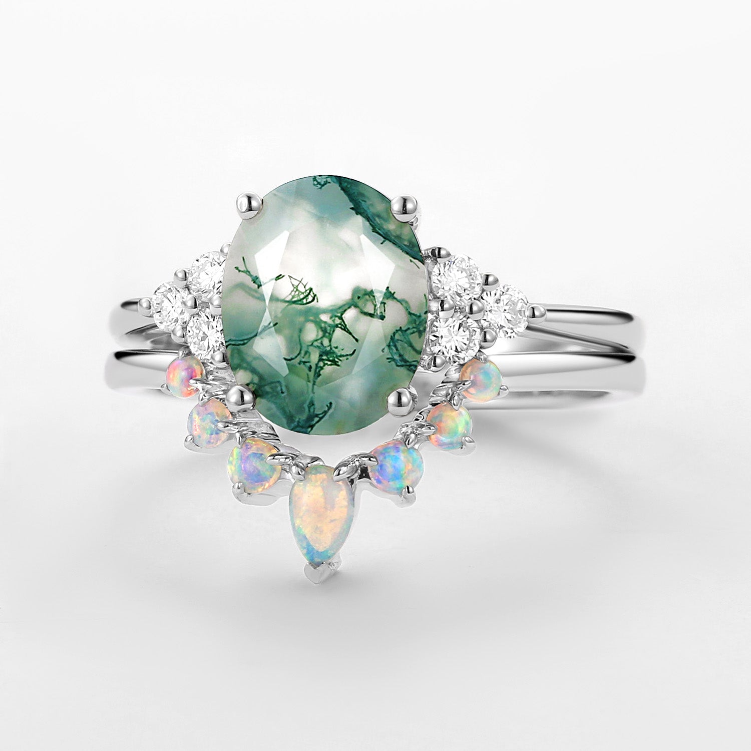 3.5CT Oval Cut Moss Agate & Natural Opal Cluster Gold Ring Set 2pcs - Aurora