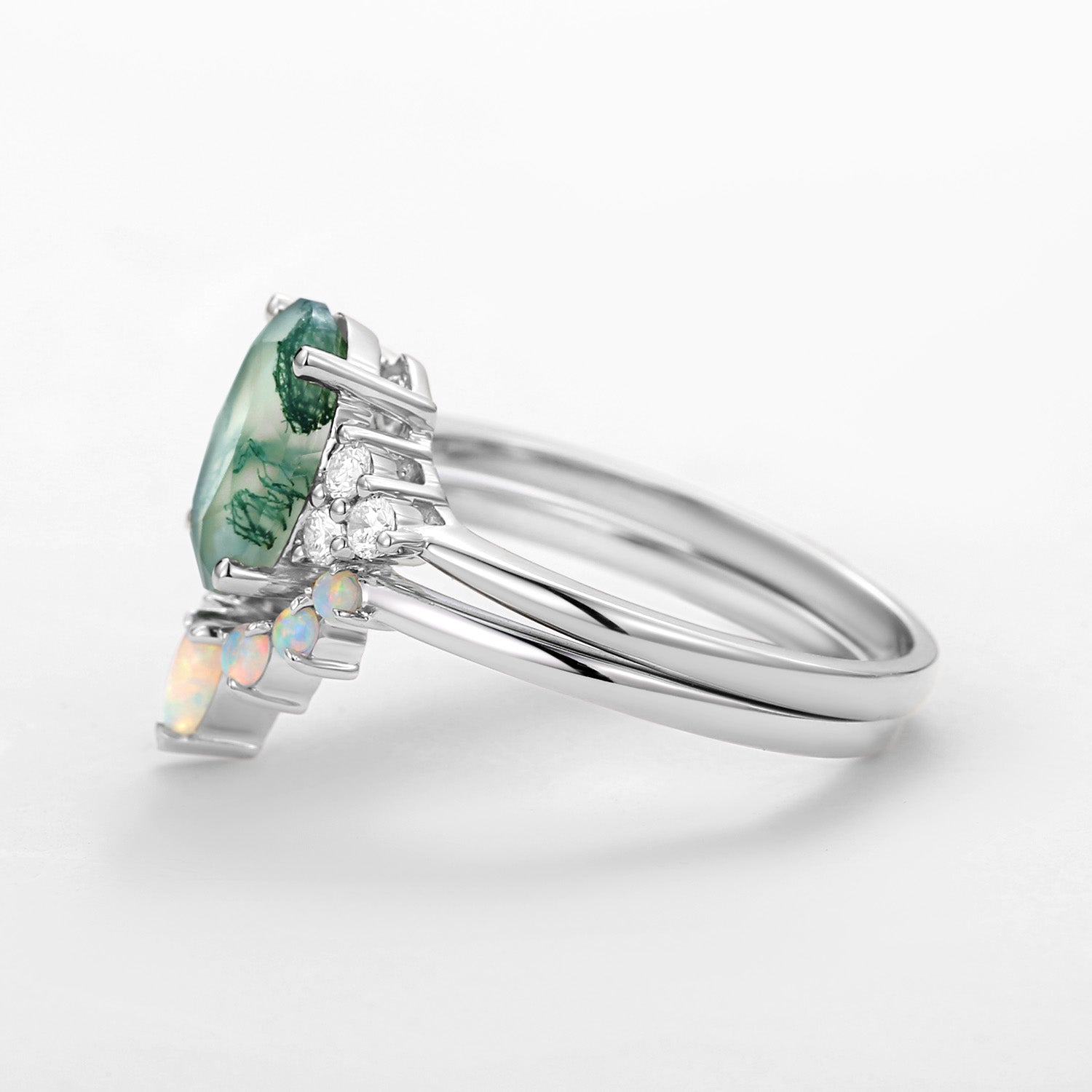 3.5CT Oval Cut Moss Agate & Natural Opal Cluster Gold Ring Set 2pcs - Aurora