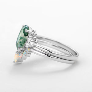 3.5CT Oval Cut Moss Agate & Natural Opal Cluster Gold Ring Set 2pcs - Aurora