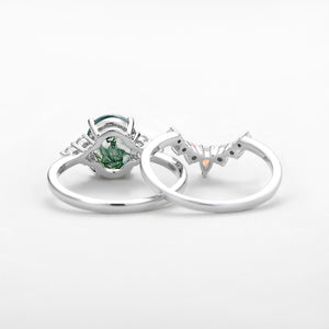 3.5CT Oval Cut Moss Agate & Natural Opal Cluster Gold Ring Set 2pcs - Aurora