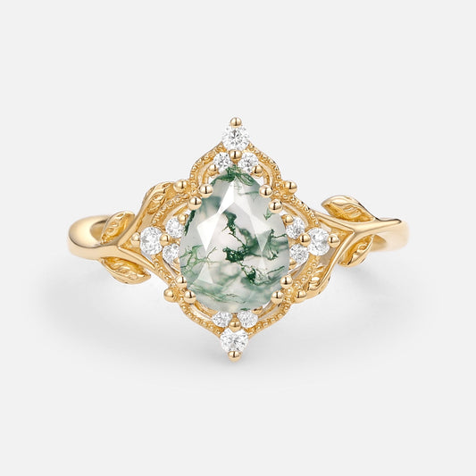 Pear Cut Moss Agate Leafy Vintage Engagement Ring
