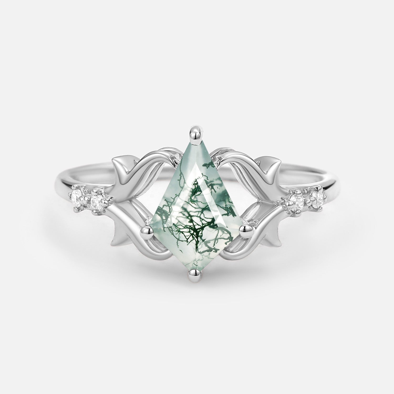 Elegant Kite Cut Moss Agate Engagement Ring - Tendril