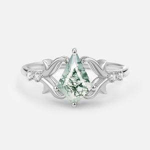 Elegant Kite Cut Moss Agate Engagement Ring - Tendril