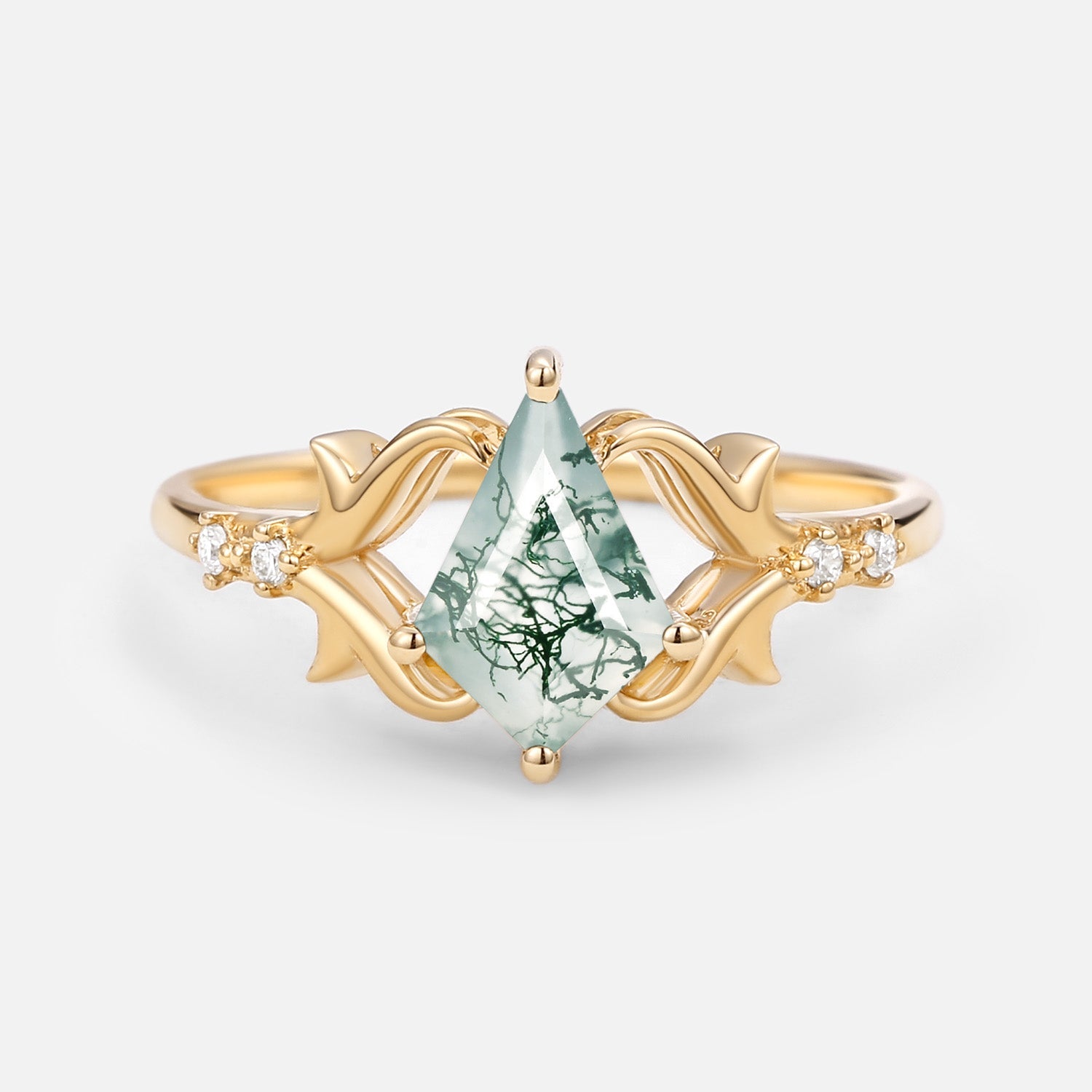 Elegant Kite Cut Moss Agate Engagement Ring - Tendril