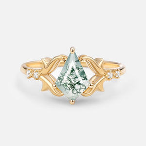 Elegant Kite Cut Moss Agate Engagement Ring - Tendril