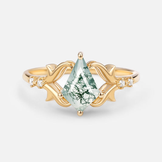 Elegant Kite Cut Moss Agate Engagement Ring - Tendril